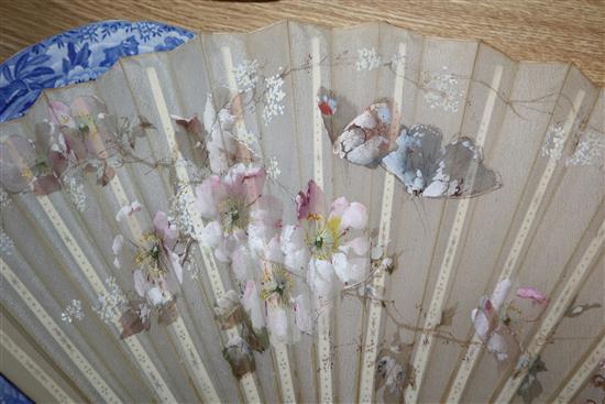 A boxed ivory fan, three other fans and a quantity of ladys gloves